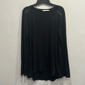 Elaine Kim Leather Trim Top Size medium Solid Black Tunic Long Sleeve Hi/Lo Hem